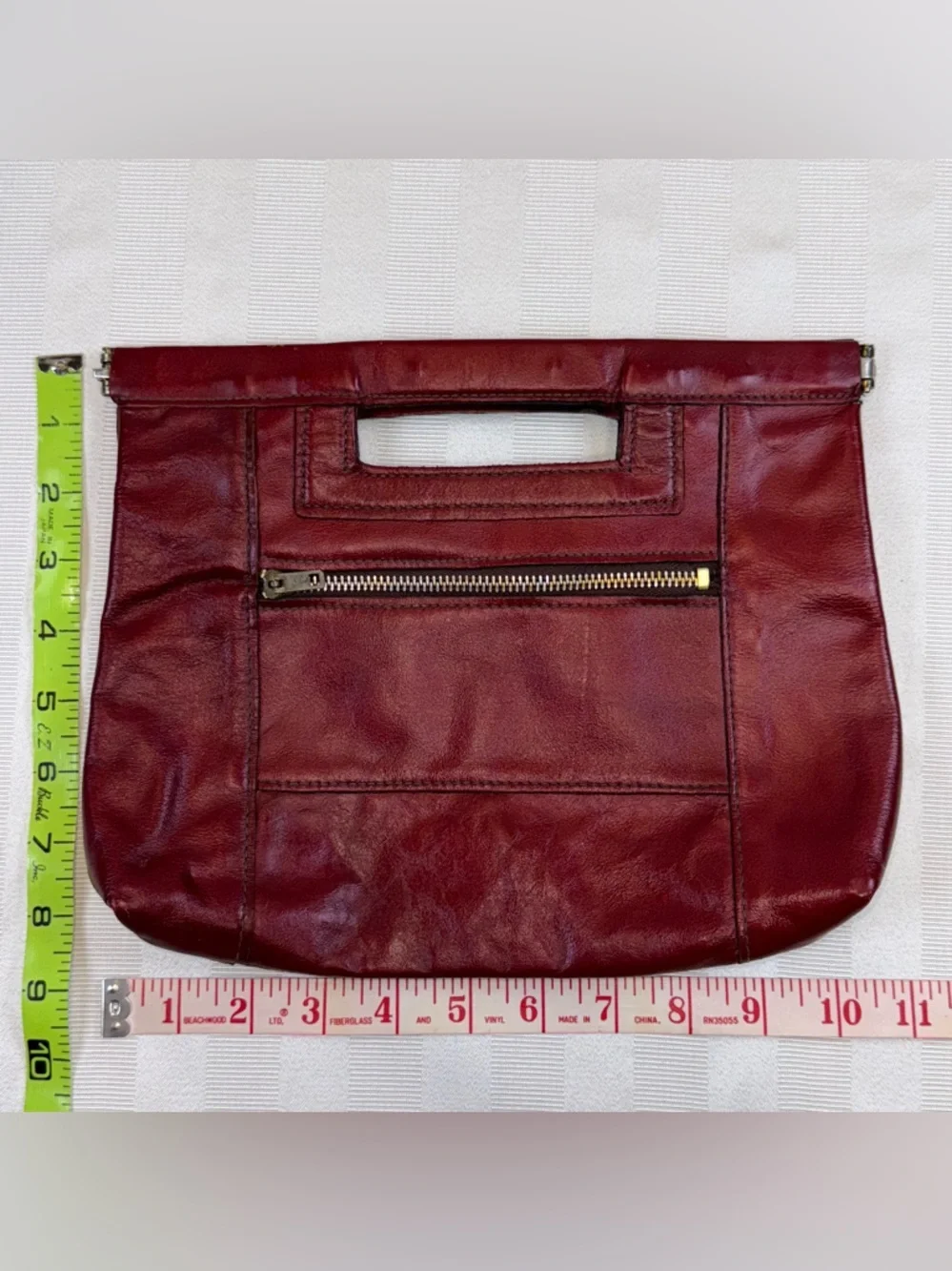 Vintage Genuine Leather Burgundy Clutch Bag Purse Double Hinged w/Cutout 1980’s